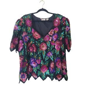 Laurence Kazar Vintage Floral Silk Beaded Top